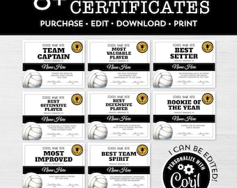 May include: Eight printable volleyball award certificates with black and white backgrounds. Each certificate features a volleyball graphic and text that reads "School Name Here" and "Proudly Awarded To". The certificates are for "Team Captain", "Most Valuable Player", "Best Setter", "Best Offensive Player", "Best Defensive Player", "Rookie of the Year", "Most Improved", "Best Team Spirit".