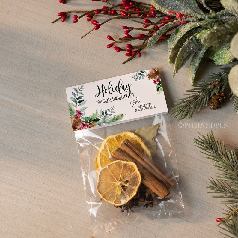 Puede incluir: Una bolsa de pl&aacute;stico transparente llena de un kit de simmering de potpourri navide&ntilde;o. El kit incluye rodajas de naranja secas, palitos de canela, hojas de laurel y an&iacute;s estrellado. La bolsa tiene una etiqueta blanca con el texto "Holiday Potpourri Simmering Kit" y "From Helen Griswold".