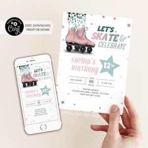 Roller Skating Birthday Invitation | Let&#39;s Skate and Celebrate | Printable and Digital - Corjl #048-19PI