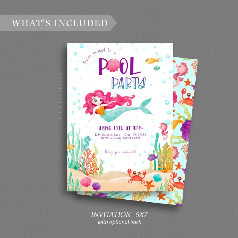 Mermaid Pool Party Invitation Printable Beach Party Corjl - Etsy