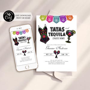 May include: A white invitation with a black and pink lingerie-themed design. The invitation reads "Tatas and Tequila Lingerie Shower" and features a maraca, a margarita glass, and a black and pink bra with floral embroidery. The invitation is for a bridal shower honoring Genevieve Anderson on May 5, 2023, from 10 AM to 2 PM.