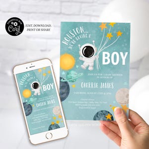 Ruimte uitnodiging babyshower | Houston We krijgen een jongen | Afdrukbaar en digitaal: Corjl #042-01PI
