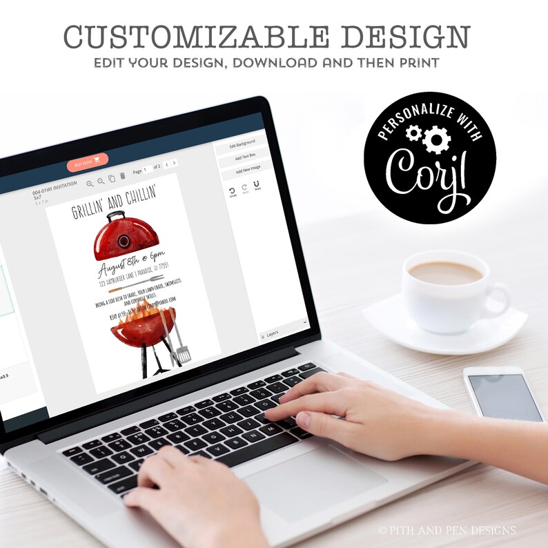 May include: A laptop displaying a customizable invitation design with the text "GRILLIN' AND CHILLIN". The design features a red grill illustration. The image also includes a coffee cup, a smartphone, and the text "CUSTOMIZABLE DESIGN".