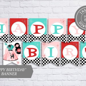 50&#39;s Sock Hop Happy Birthday Banner, Soda Fountain Party, Instant Download, 049-01B