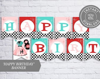 50&#39;s Sock Hop Happy Birthday Banner, Soda Fountain Party, Instant Download, 049-01B