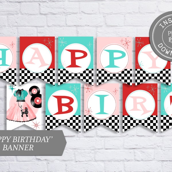 50's Sock Hop Happy Birthday Banner, Soda Fountain Party, Instant Download, 049-01B