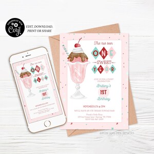 One Sweet Year Invitation | Printable Ice Cream First Birthday | Corjl #051-79PI
