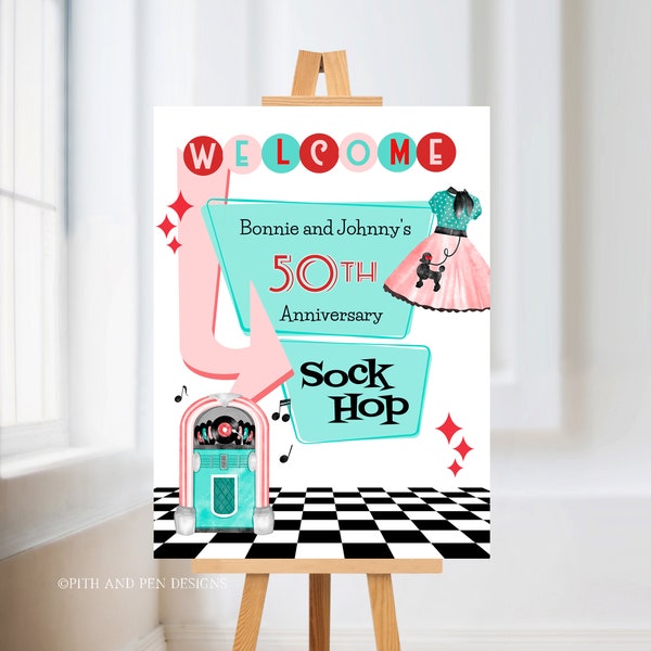 Printable 1950's Anniversary Party Sign, Printable Welcome Sign, Corjl #049-17WS