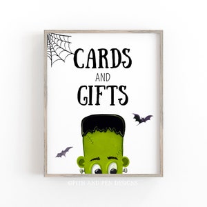 Placa de cartões e presentes de Frankenstein, festa de aniversário de monstro, decoração para impressão, download instantâneo #047-54S