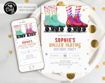 Roller Skating Birthday Invitation |80's and 90's Disco Party | Printable and Digital - Corjl #048-01PI