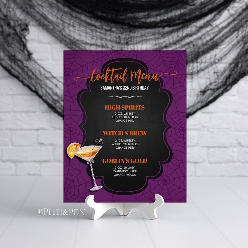 May include: A Halloween-themed cocktail menu on a white stand. The purple background features a spiderweb design. The menu includes the text "Cocktail Menu" and drink names like "High Spirits" and "Witch's Brew". The menu is for Samantha's 22nd birthday.