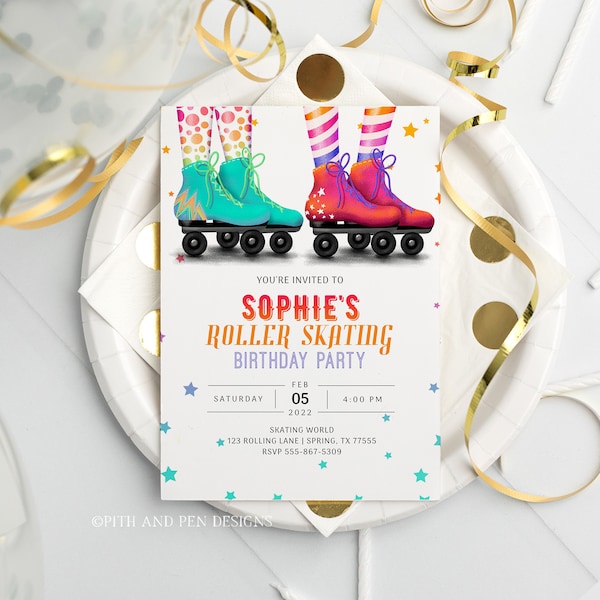 Roller Skating Birthday Party Invitation, Printable Disco Party, Corjl #048-01PI