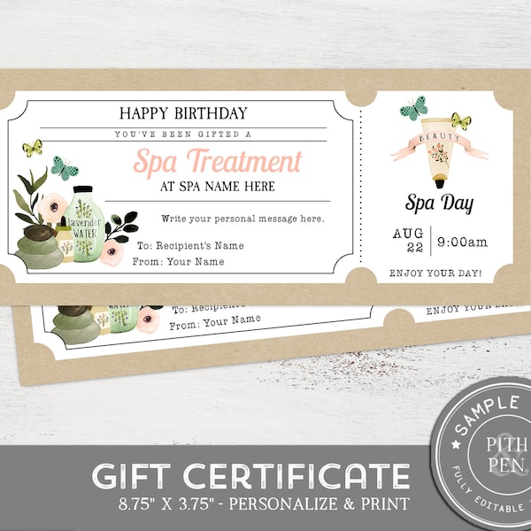 Birthday Gift Certificate, Spa Day Voucher, Instant Download, Corjl #055-02GC