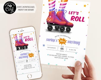 May include: A printable invitation for a roller skating birthday party. The invitation features a pair of pink roller skates with rainbow striped socks and a yellow starburst with the text "Sophia's 10th Birthday". The invitation also includes the text "Let's Roll" in a colorful font.