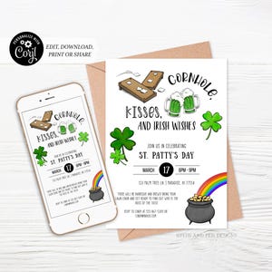 Op de afbeelding: Een uitnodiging voor een St. Patrick's Day feest met een groene klaver, een regenboog, een pot met goud en een cornhole spel. De uitnodiging luidt "Cornhole, Kisses, and Irish Wishes" en bevat de datum en tijd van het feest.