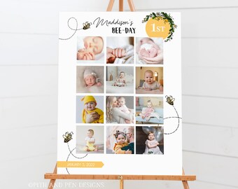 May include: A white poster with a yellow and black bee theme. The poster has a collage of photos of a baby girl. The text on the poster reads "Maddison's Bee-Day 1st" and "January 5, 2022".