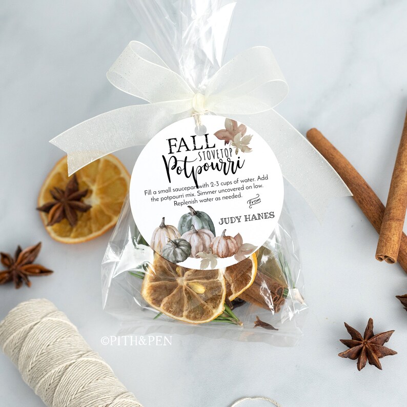 May include: A white circle label with the text "FALL STOVETOP POTPOURRI" and instructions for use. The label is attached to a clear plastic bag filled with dried fruit, cinnamon sticks, and star anise. The bag is tied with a white ribbon.