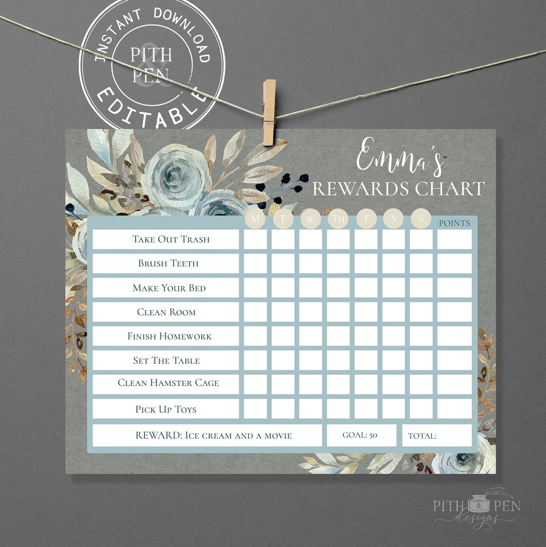 Blue & Gray Flower EDITABLE Reward Chart, Kids Chore Chart, Routine ...
