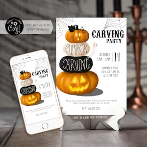 Pumpkin Carving Invitation | Halloween Ghost | Stacked Pumpkins | Printable and Digital - Corjl #014-140PI