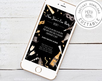 New Year's Eve Digital Party Invitation, NYE Black and Gold Evite, Instant Download, Corjl #018-10DI