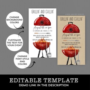 May include: Two invitation templates with a watercolor illustration of a red grill. The text reads "Grillin' and Chillin'" with event details. The design includes options to change background colors, customize text, and font styles.