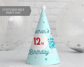 Ice Cream Party Hat, Boy Birthday Party, Printable Party Decor, Corjl #051-43PH