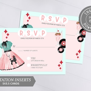 Karta RSVP Sock Hop z lat 50., wkładka z zaproszeniem do druku, natychmiastowe pobranie, Corjl #049-43PI