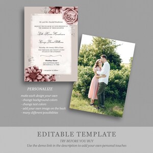 K&ouml;nnte beinhalten: Eine Hochzeitseinladungsvorlage mit einem floralen Design in Rosa- und Graut&ouml;nen. Der Text auf der Einladung lautet: "Mr. and Mrs. Randall Henderson request the pleasure of your presence at the marriage of their daughter Ella Renen Henderson to Gray David Williams Saturday, the twenty fifth of June two thousand and twenty at five o'clock in the afternoon Woodway Manor 12345 Happiness Drive Dreamsville, TX 77890 reception to follow". Die Einladung enth&auml;lt auch den Text: "Personalisieren Gestalten Sie jedes Design nach Ihren W&uuml;nschen &Auml;ndern Sie die Hintergrundfarben &Auml;ndern Sie die Textfarben F&uuml;gen Sie Ihr eigenes Bild auf der R&uuml;ckseite hinzu Viele verschiedene M&ouml;glichkeiten Bearbeitbare Vorlage Vor dem Kauf ausprobieren Verwenden Sie den Demo-Link in der Beschreibung, um Ihre eigenen pers&ouml;nlichen Details hinzuzuf&uuml;gen".