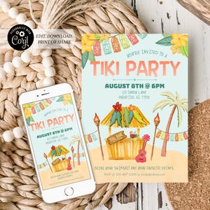 Tiki Party Invitation | Backyard Luau Bar-B-Q | Tropical Theme | Printable and Digital - Corjl #040-02PI