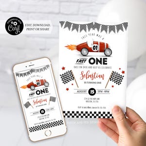 May include: A printable invitation for a first birthday party with a race car theme. The invitation features a red race car with a checkered flag pattern and the text "This year was a fast one. Race on over and help us celebrate Sebastian is turning one. August 15, 2PM-6PM. 1234 Go This Way Lane, Houston, TX 77555. RSVP to emily@me.com or 555-555-5555."