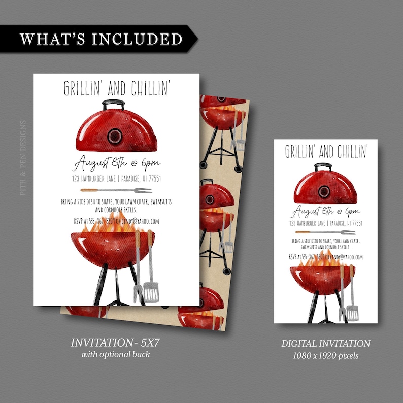 May include: A set of invitation cards with a barbecue theme. The main invitation features a red grill illustration with the text "Grillin' and Chillin'" and event details. Includes a digital invitation option.