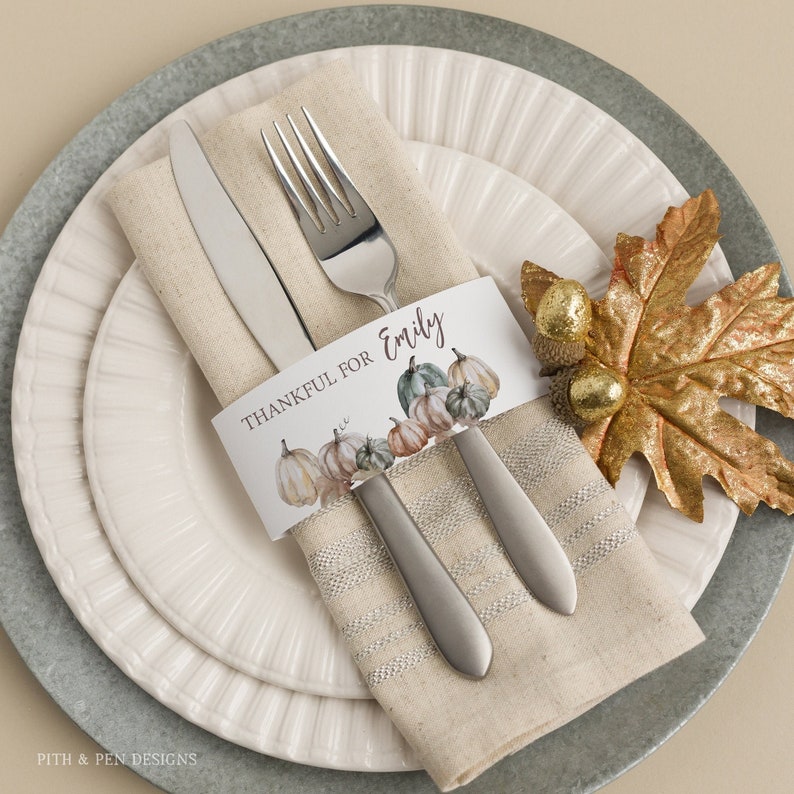 Pumpkin Napkin Band Name Cards, Thanksgiving Dinner Place Settin