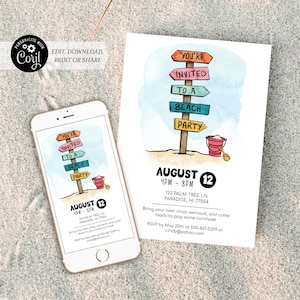 Beach Party Invitation | Wood Beach Sign | Printable and Digital Version - Corjl #037-02DI