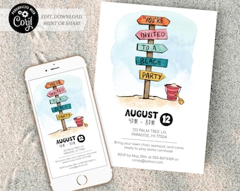 Beach Party Invitation | Wood Beach Sign | Printable and Digital Version - Corjl #037-02DI