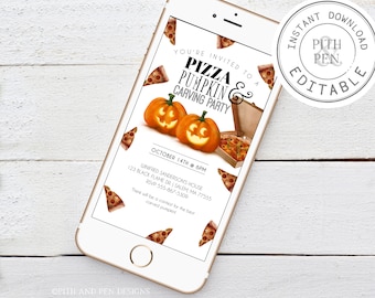 Digital Pizza and Pumpkin Carving Party Invitation, Halloween Invite, Instant Download, Corjl #014-80DI