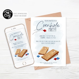 Faire-part de fête de Cornhole | Chef du tirage au sort | Imprimable et numérique - Corjl #070-07PI