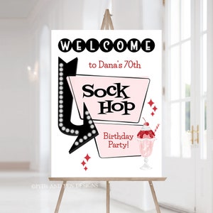 50&#39;s Sock Hop Birthday Party Sign, Printable Welcome Sign, Corjl #062-14WS