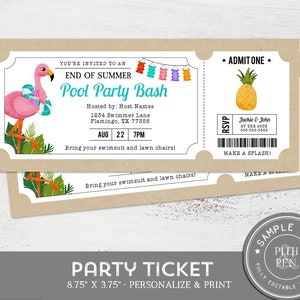 Pool Party Einladung, End of Summer Party Ticket, Instant Download, Corjl #037-29PT