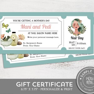 Mother&#39;s Day Gift Certificate, Mani and Pedi Voucher, Instant Download, Corjl #026-17GV