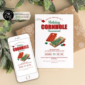 Holiday Cornhole Tournament Invitation | Christmas Cornhole | Printable and Digital - Corjl #070-11PI