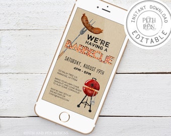 Digital Barbecue Party Invitation, Phone BBQs Evite, Instant Download, Corjl #037-01DI