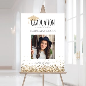 Gold Glitter Graduation Party Welcome Sign, Photo Welcome Sign, Printable Template, Corjl #027-29WS