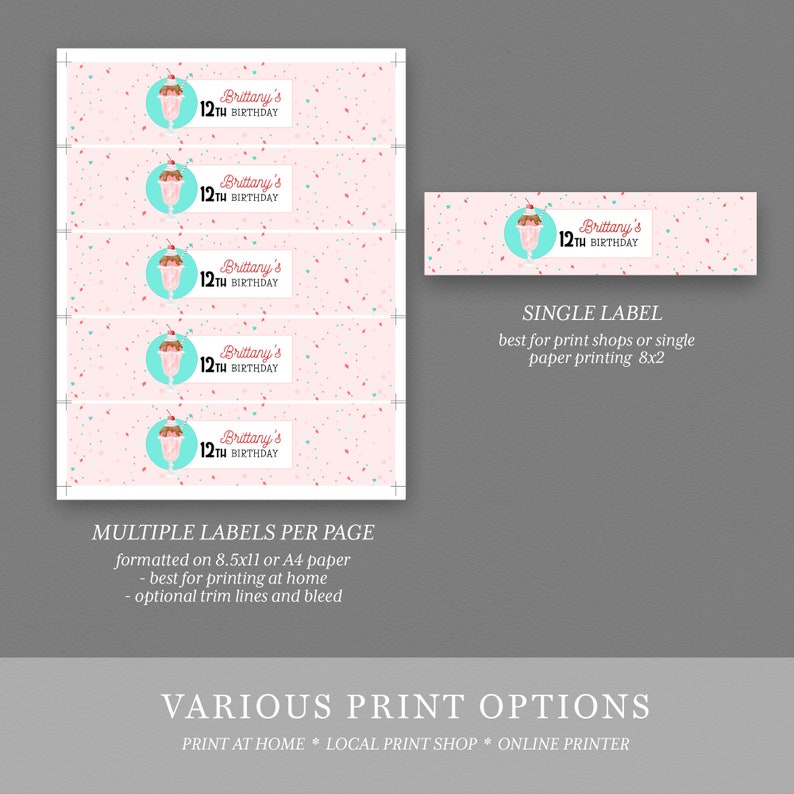 Ice Cream Party Water Bottle Label, PRINTABLE Birthday Party Favor ...