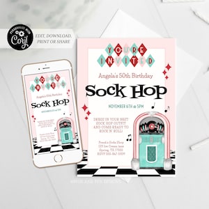 Sock Hop Birthday Party Invitation | 1950&#39;s Jukebox | Printable and Digital - Corjl #049-10PI