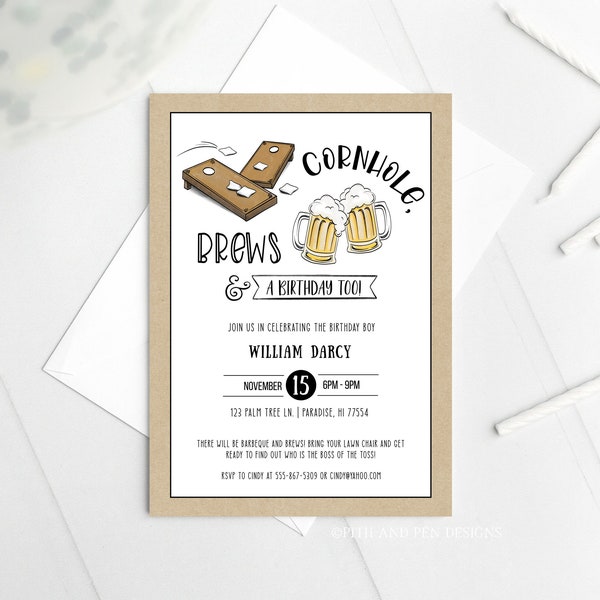 Cornhole Birthday Invitation, BBQ and Beer, Instant Download, Corjl #070-25PI