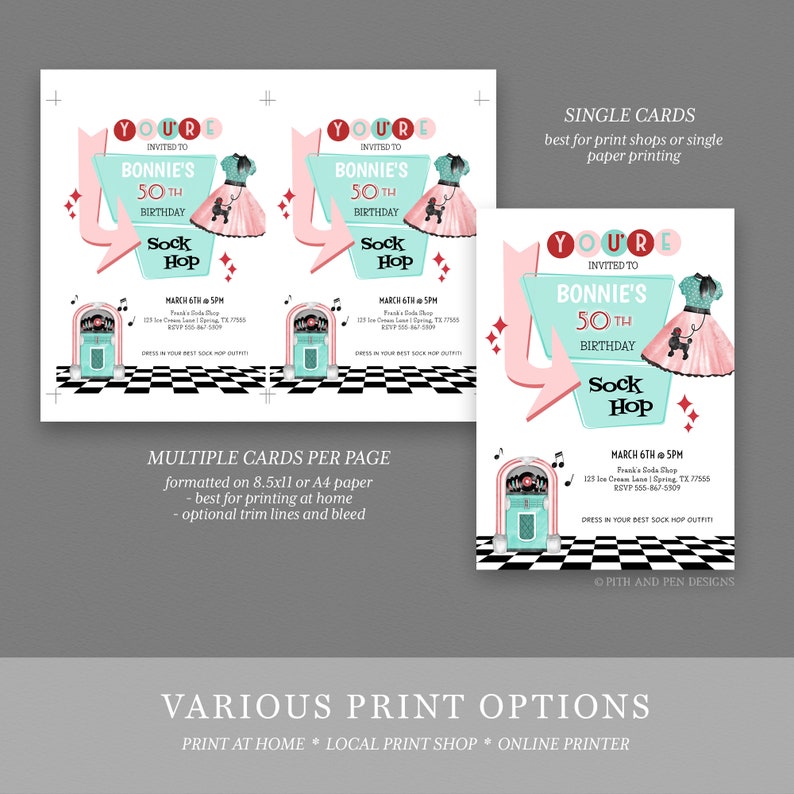 Retro 50's Birthday Party Invitation Printable Sock Hop - Etsy