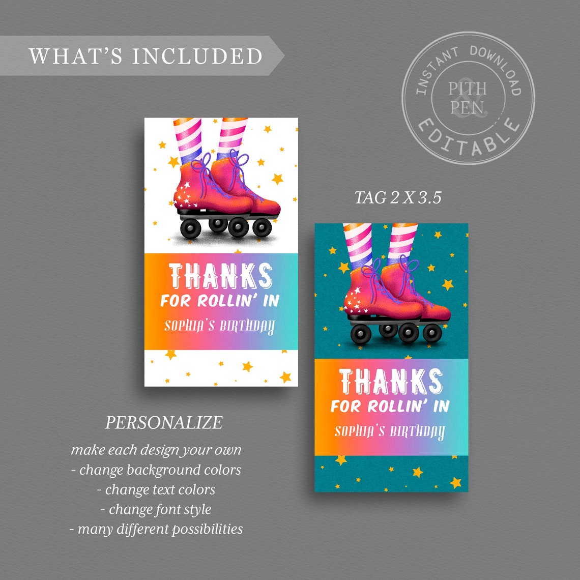 Printable Roller Skating Thank You Tag EDITABLE Gift Tag - Etsy