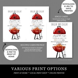 May include: Grillin' and Chillin' invitation cards with a red grill illustration. The cards include event details: August 8th at 6pm, address, and RSVP information. Multiple print options are available, including single cards and multiple cards per page.
