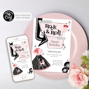 1950's Birthday Party Invitation |  Pink and Black Sock Hop | Printable and Digital - Corjl #062-03PI