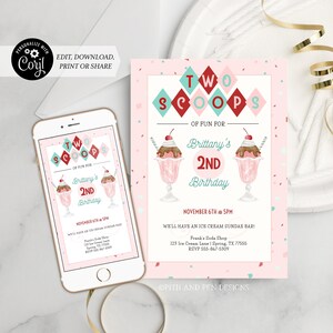 Second Birthday Ice Cream Invitation | Pink Two Scoops of Fun | Printable and Digital - Corjl #051-22PI